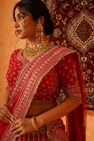RED VISCOSE DUPION SILK HEAVY HAND EMBROIDERED LEHENGA SET
