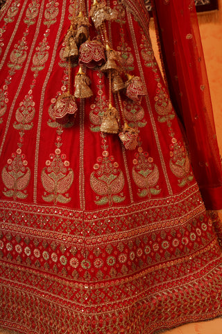 RED VISCOSE DUPION SILK HEAVY HAND EMBROIDERED LEHENGA SET