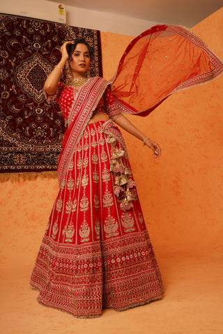 RED VISCOSE DUPION SILK HEAVY HAND EMBROIDERED LEHENGA SET