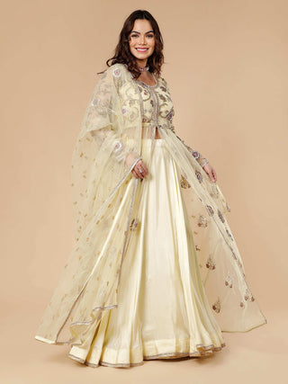 Milu Madan cream jacket lehenga with mukaish, dabka, and zardozi work