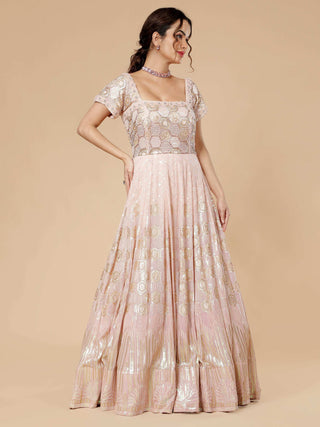 Milu Madan geometric water sequin gown with floral pearl highlights
