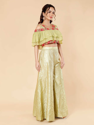 Milu Madan olive green sharara set with stitched gota work and ruffles