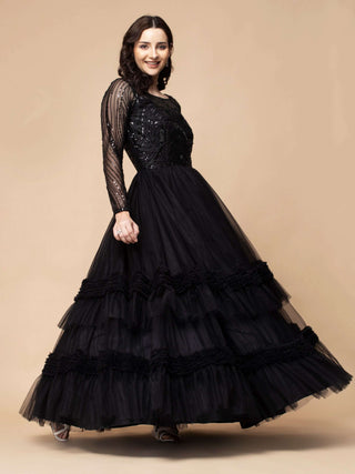 Milu Madan signature black ruffle gown with geometric bead details