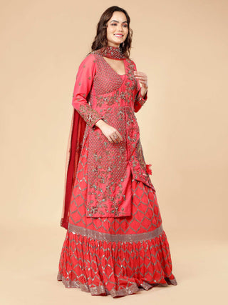 Milu Madan tomato red kurti lehenga with embroidered georgette skirt