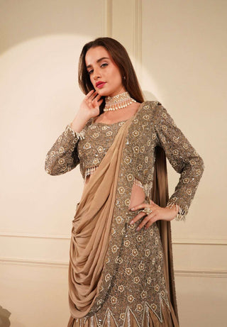 Mouse-Colored Blouse with Thread & Bead Embellishments, Fish Cut Skirt & Drape Pallu
