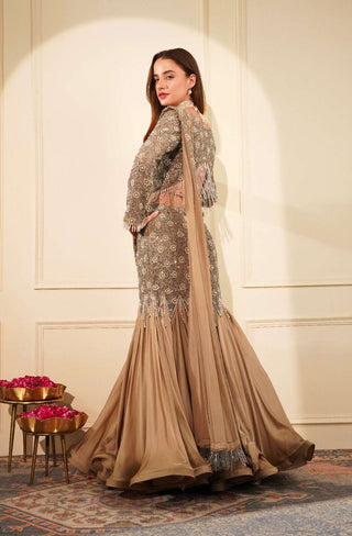 Mouse-Colored Blouse with Thread & Bead Work, Fish Cut Skirt & Embroidered Drape Pallu
