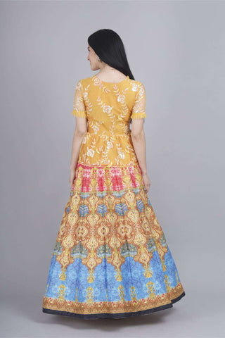 Multi-colored peplum co-ord set with printed skirt and net top.
