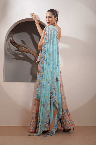 Multicolored Floral Embroidered Sharara and Peplum with Powder Blue Dupatta