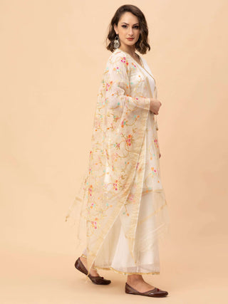 Off-white georgette kalidar kurti with flared plazzo and organza dupatta.