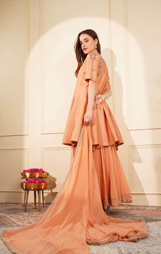 Pearl & Stone-Embellished Peplum with Georgette Sharara and Pearl-Detailing Dupatta
