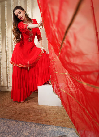 Peplum Kurta with Thread Embroidery, Georgette Sharara & Dupatta