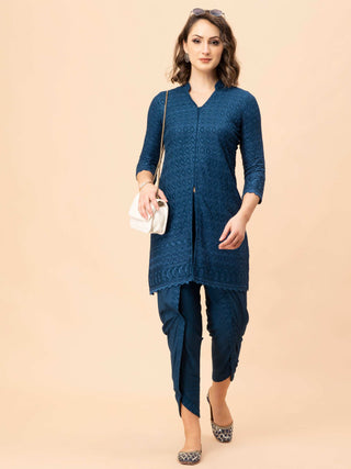 Persian blue chikan co-ord with v-neck top and cotton pants.
