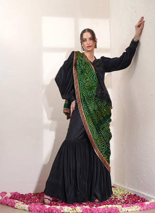 Pleated Black Sharara with Bead Work Peplum and Green Dupatta