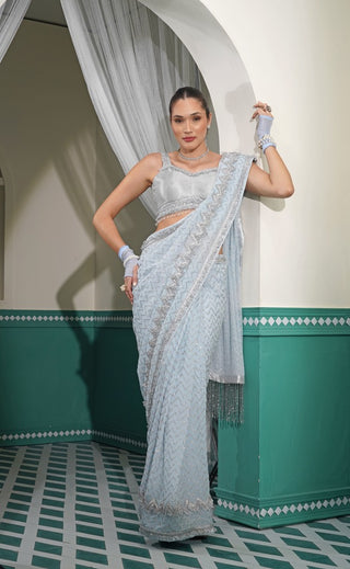Powder Blue Sequin Gota Saree with Silver Blouse & Underskirt