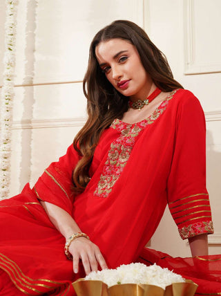 Red Georgette Peplum Kurta with Multicolor Embroidery & Gota Dupatta