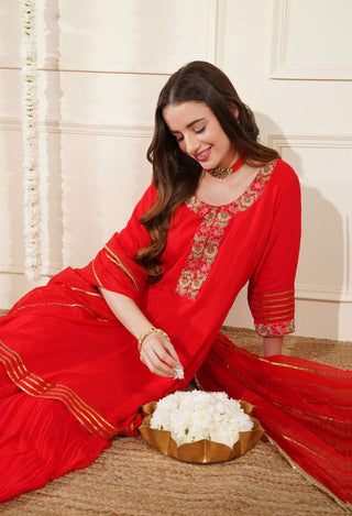 Red Peplum Kurta with Multicolor Thread Embroidery & Sharara Set