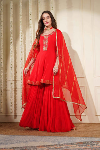 Red Georgette Peplum Kurta with Multicolor Embroidery & Sharara