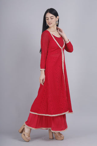 Reddish pink sharara set with chikan embroidery and thread border.