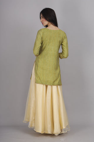 Royal cotton silk yellow-green kurti with organza sharara and dupatta