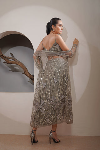 Satin Drape Skirt with Abstract Mirror, Zari Embroidered Cape and Bustier