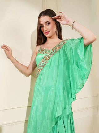 Sea Green Crepe Fish Skirt with Intricate Zari Embroidered Blouse & Cape