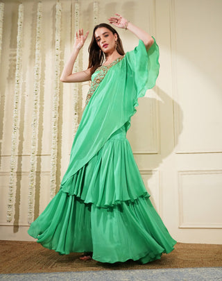 Sea Green Fish Skirt with Zari Embroidered Blouse & Matching Cape