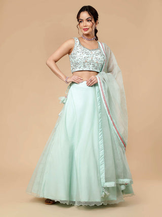 Sea foam green lehenga with sequin blouse and floral organza dupatta