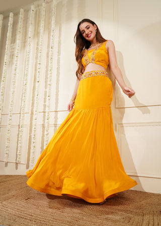 Stunning Yellow Mustard Crepe Skirt with Gota Patti Work, Blouse & Cap