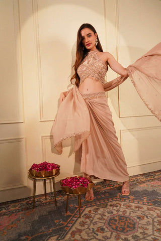 Stylish Drape Skirt with Halter Neck Blouse, Embroidered Belt & Georgette Dupatta