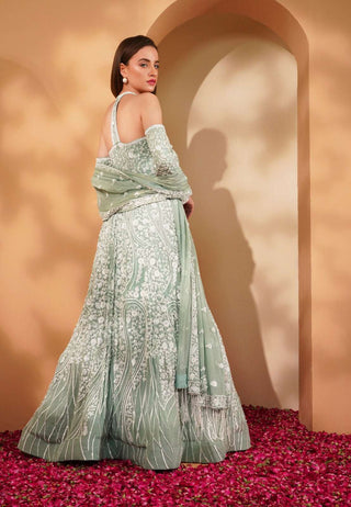 Teal Off-Shoulder Embroidered Gown with Full Sleeves and Dupatta for a Glamorous Look