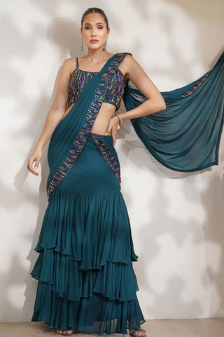 Teal Georgette Drape Saree with Multicolored Hand Embroidered Blouse