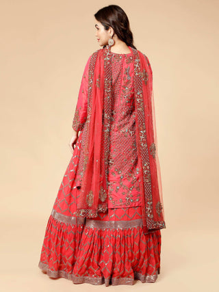 Tomato red lehenga set with bead work and motif bordered dupatta