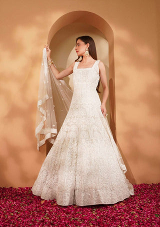 White Double Net Gown with Heavy Embroidery and Dupatta