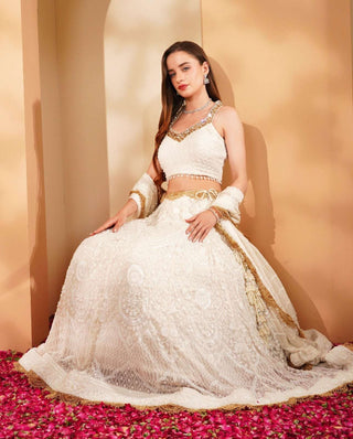 White Embroidered Georgette Lehenga with Blouse & Dupatta
