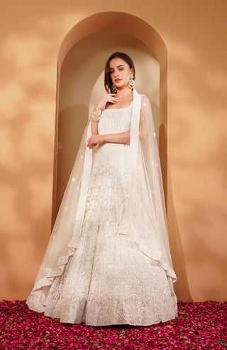White on White Heavy Embroidered Double Net Gown with Dupatta