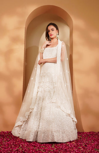 White on White Heavy Embroidered Double Net Gown with Dupatta