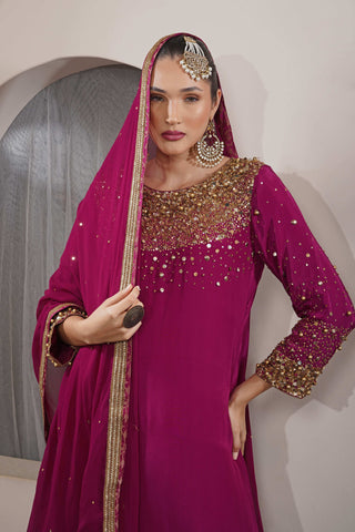 Wine Kurta Set with Sequin, Moti Embroidery & Satin Skirt