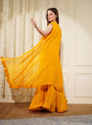 Yellow Mustard Crepe Skirt with Gota Patti Belt, Blouse & Cape