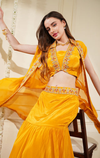 Yellow Mustard Crepe Skirt Set with Gota Patti Belt, Blouse & Cape