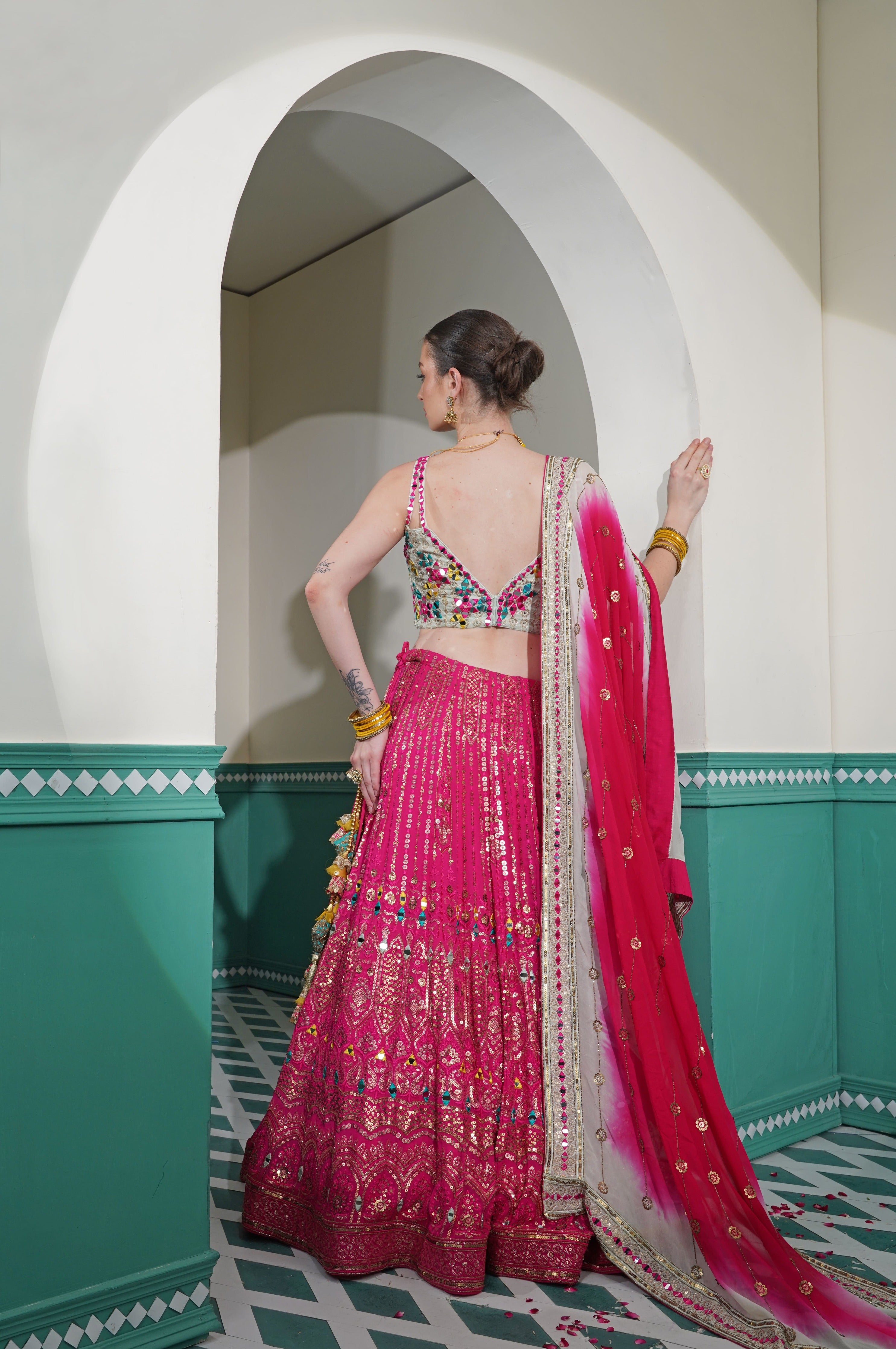 Buy Bollywood Model Light green and Pink Banarasi satin lehenga in UK, USA  and Canada | Party wear indian dresses, Party wear lehenga, Designer party  wear dresses