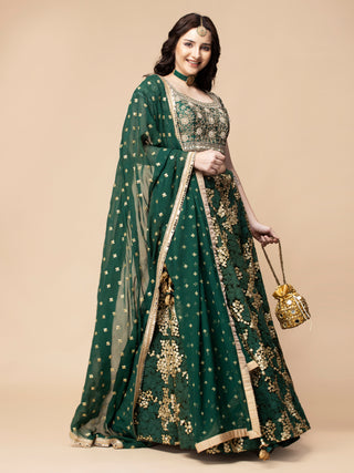 BOTTLE GREEN THREAD LEHENGA SET