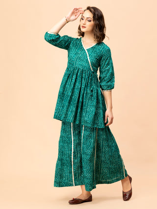 Cotton Bandani teal green top with angrakha cut and plazo.
