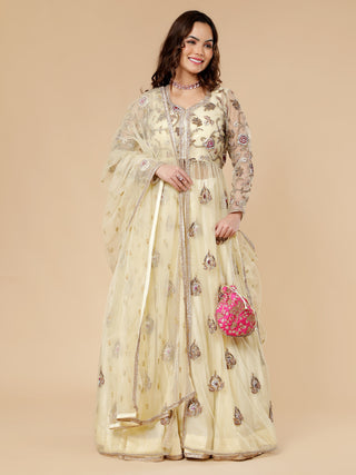 Cream lehenga set with mukaish work net jacket and zardozi blouse

