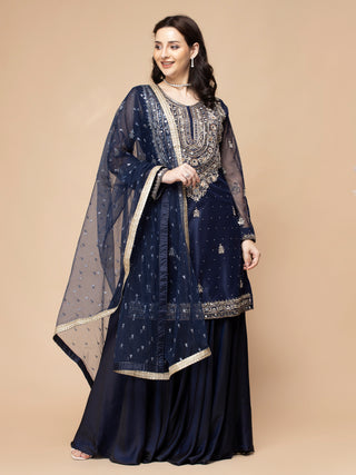 Dark blue sharara set with full sleeve mirror work kurti