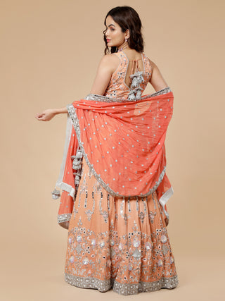 Dark peach lehenga set with 3D embroidery and light orange dupatta
