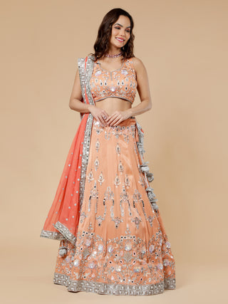 Dark peach lehenga with 3D hand embroidery and dabka work blouse