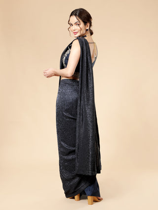 Deep blue pre-draped saree with crinkle drape and intricate embroidery
