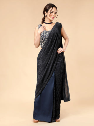 Deep blue pre-draped saree with crinkle drape and zardozi work
