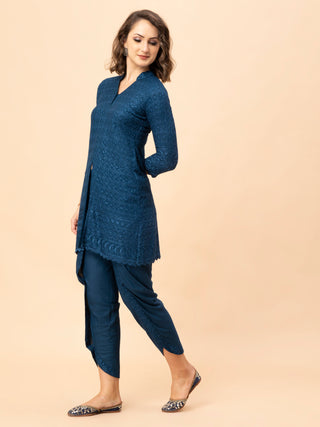 Elegant Persian blue chikan set with front-open top and pants.