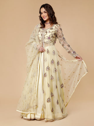 Elegant cream jacket lehenga with dabka and zardozi embroidery details